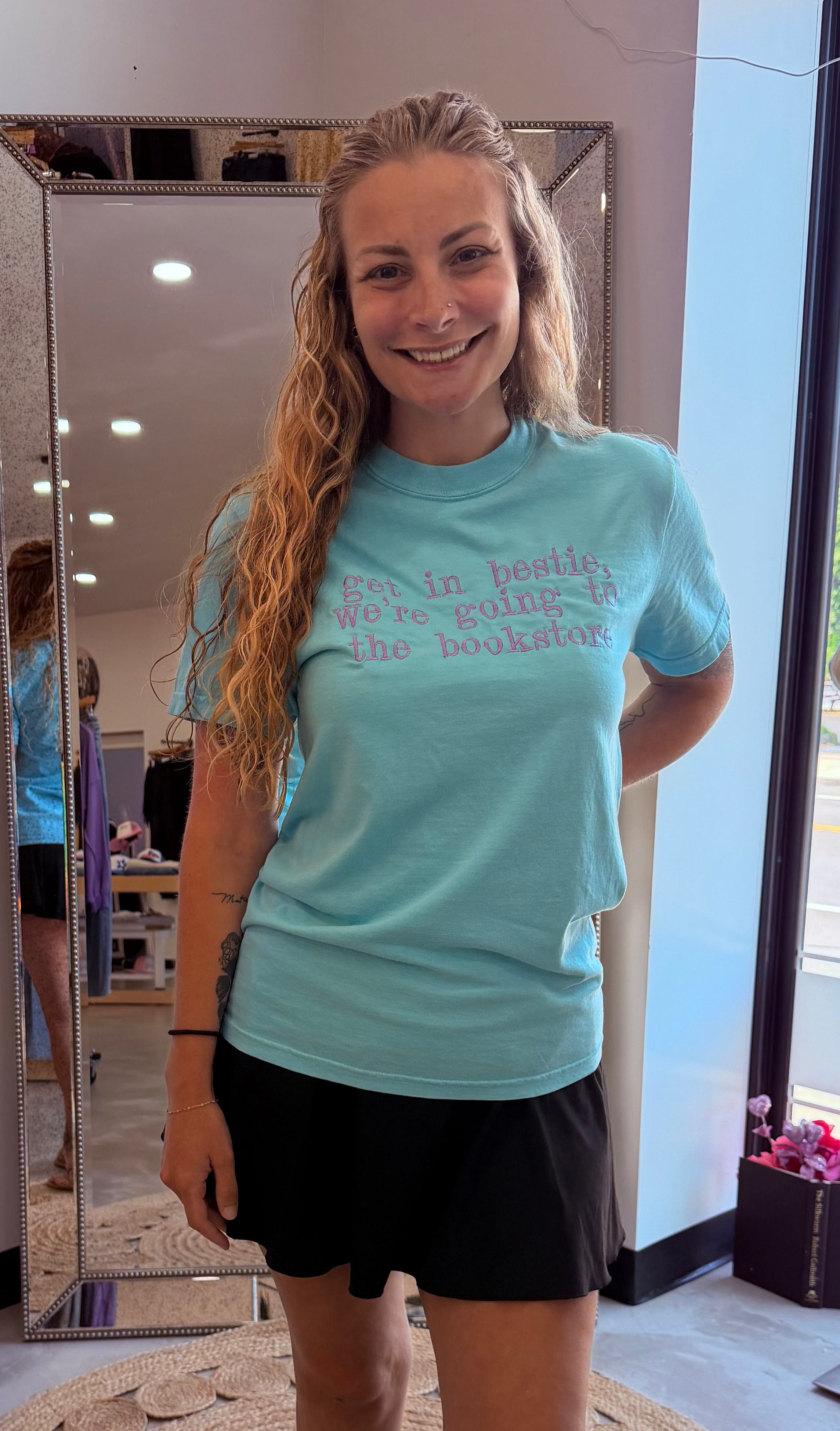 Get in bestie, We’re going to the bookstore! Embroidered tee